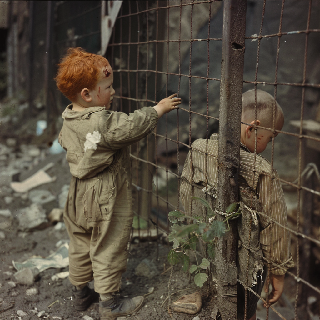 Two-year-old boy with red hair stands by fence.