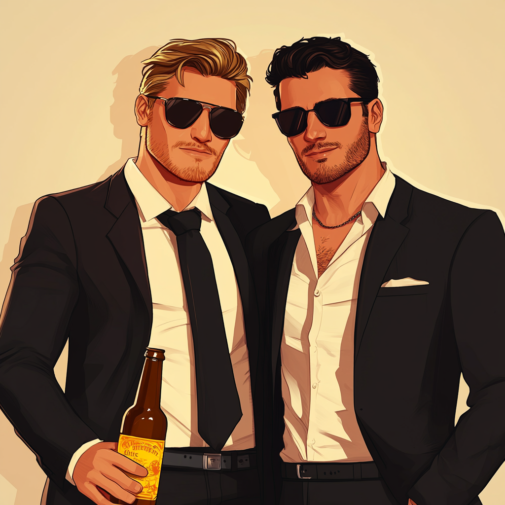 Two young men, one drinking, one with sunglasses.