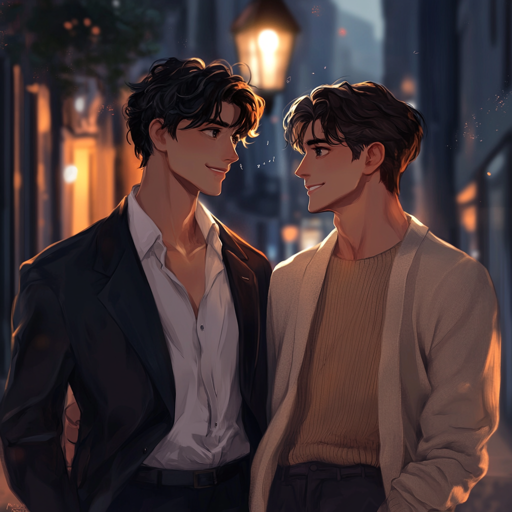 Two young men in romantic, mysterious city setting.