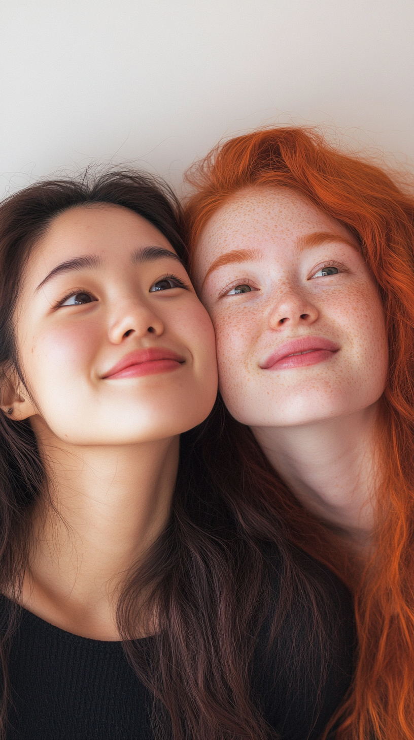 Two young women embrace joyfully in bright photo