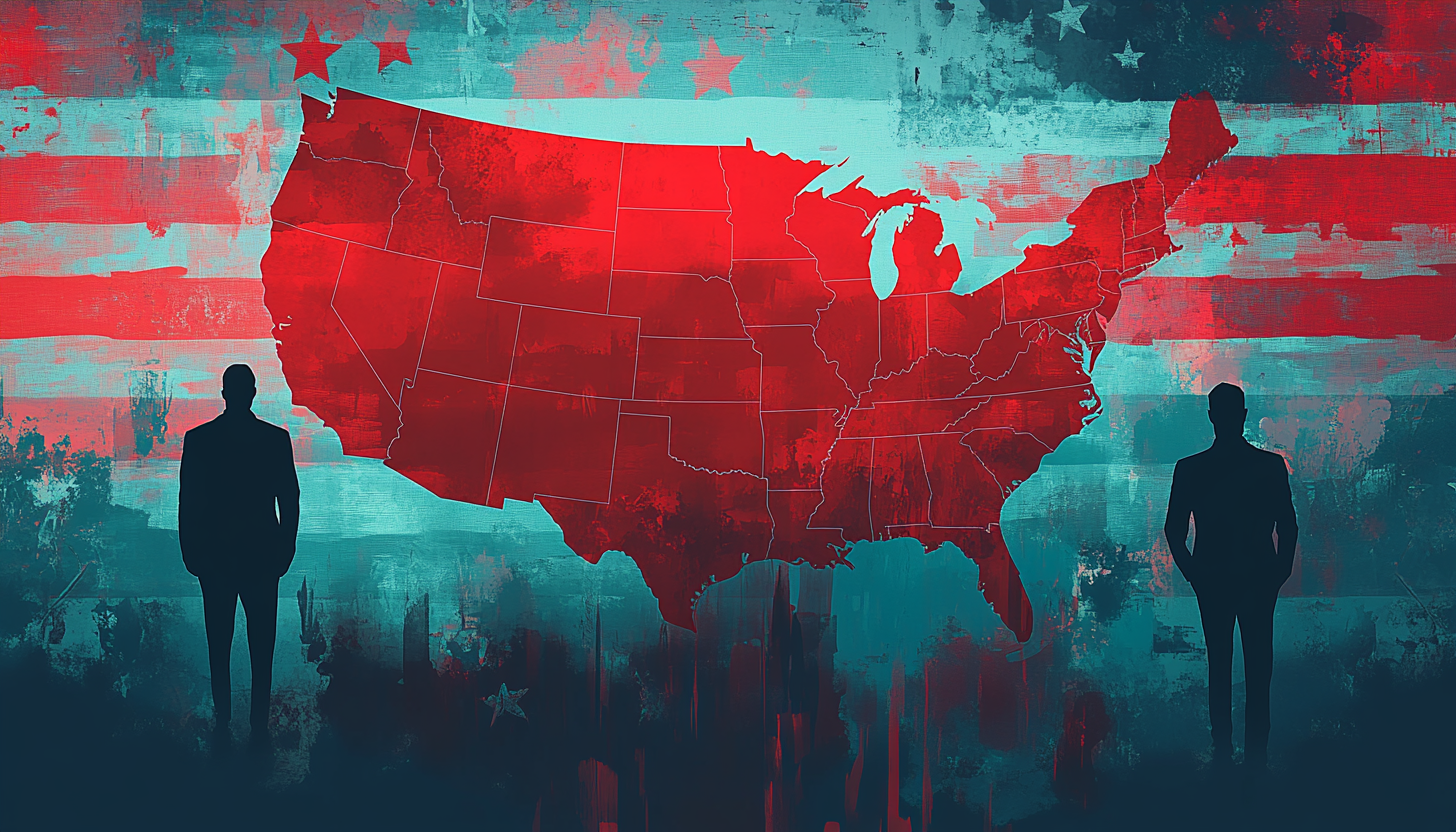 U.S. political map with red shading, patriotic background.