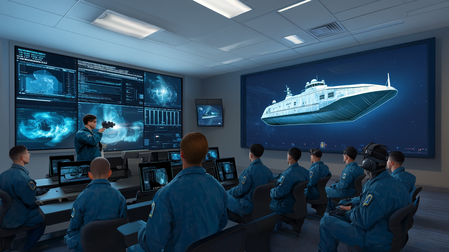 US Navy sailors learning with hologram in classroom.