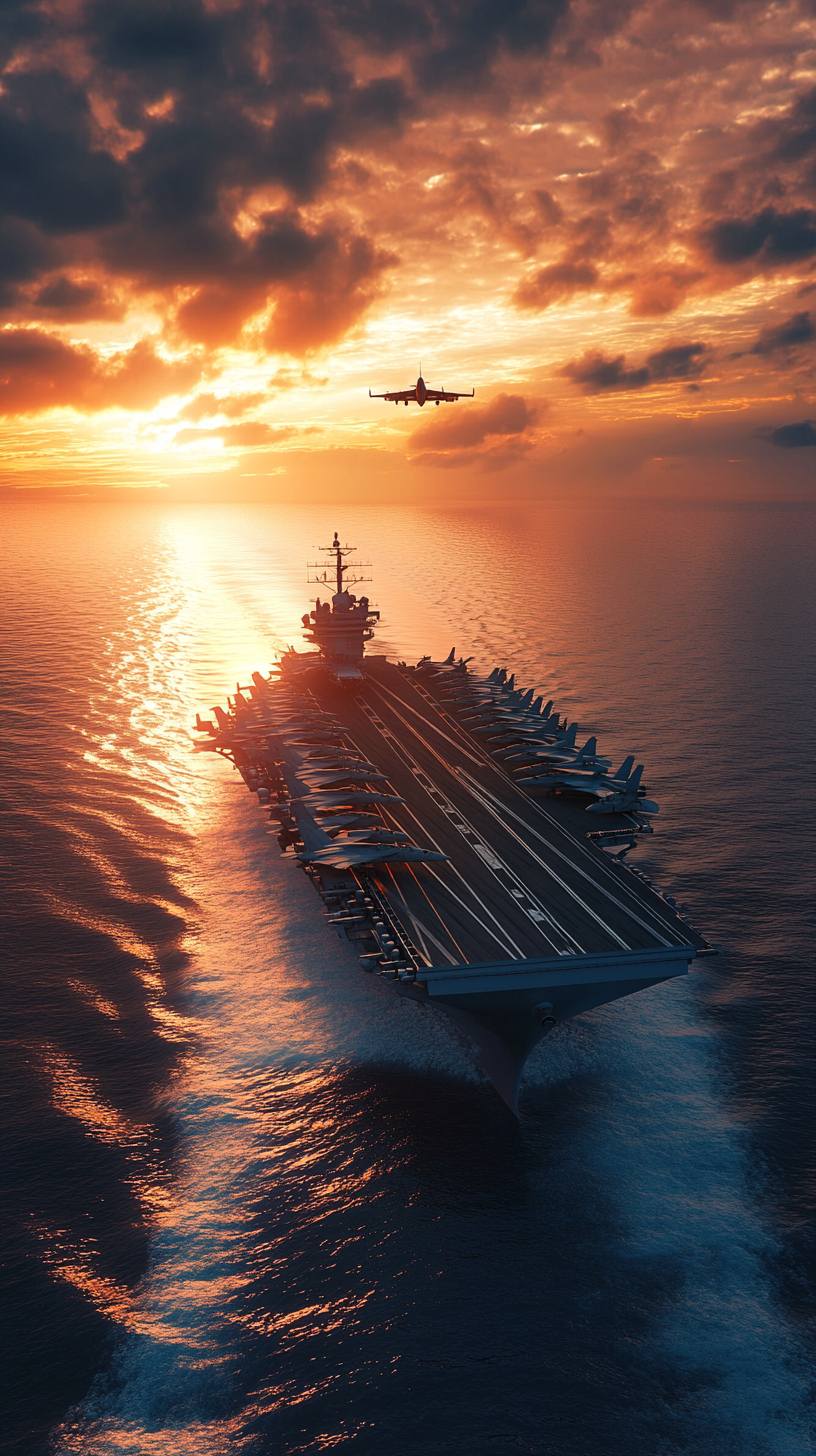 USS Eisenhower aircraft carrier sailing with jets taking off.