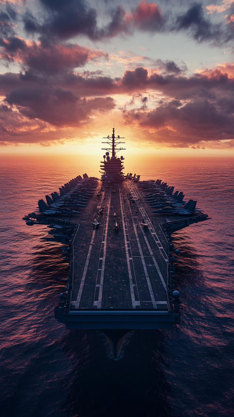 USS Eisenhower in ocean at dusk with jets.