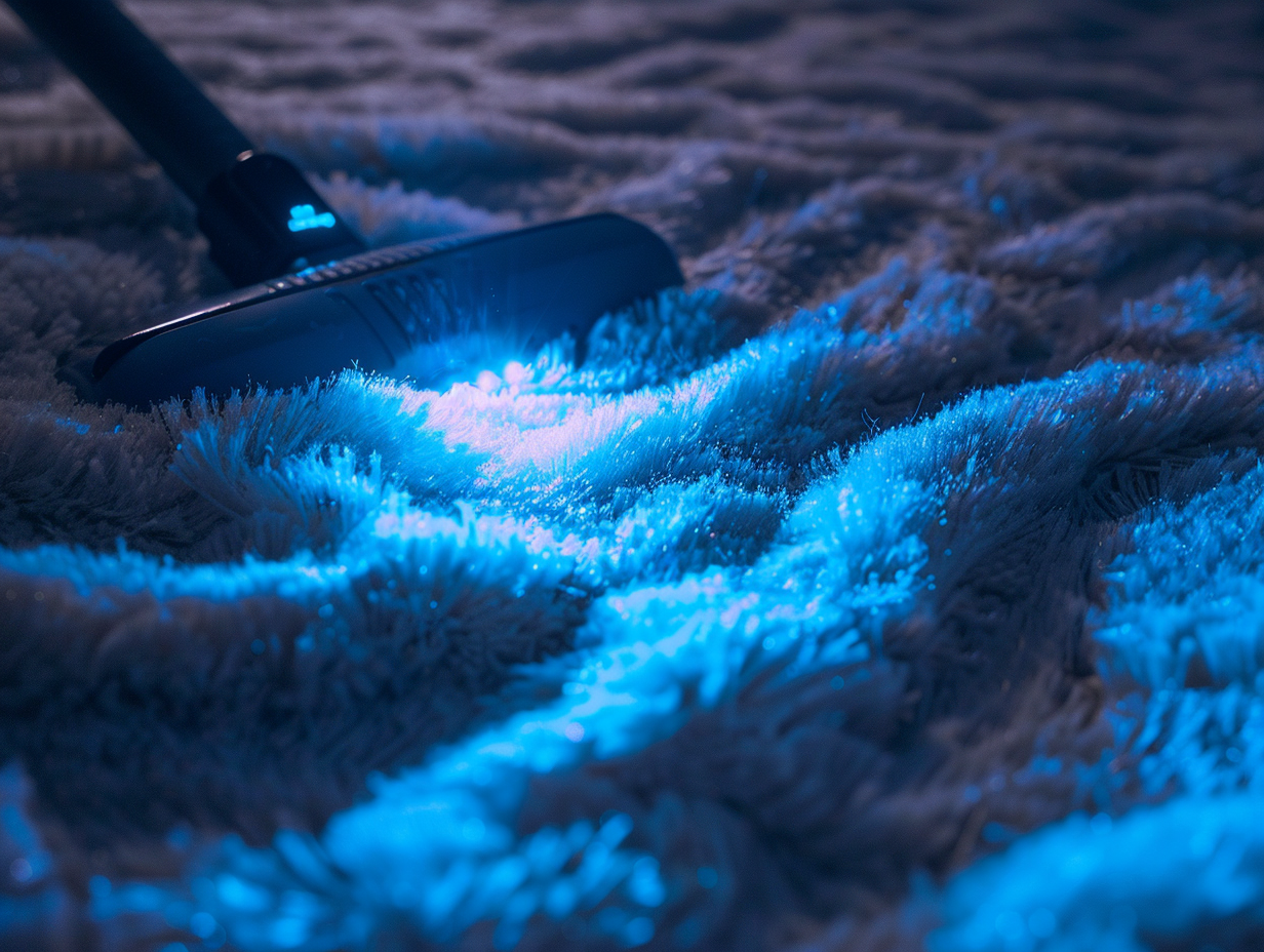 UV Sterilizer Cleaning Plush Carpet in Sunlit Room