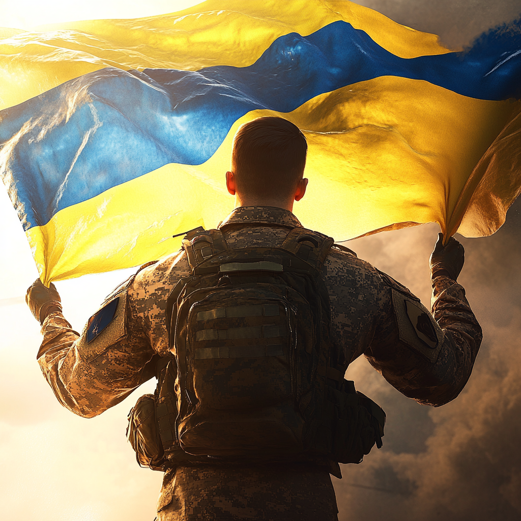 Ukrainian soldier holding flag, realistic style, patriotic atmosphere.