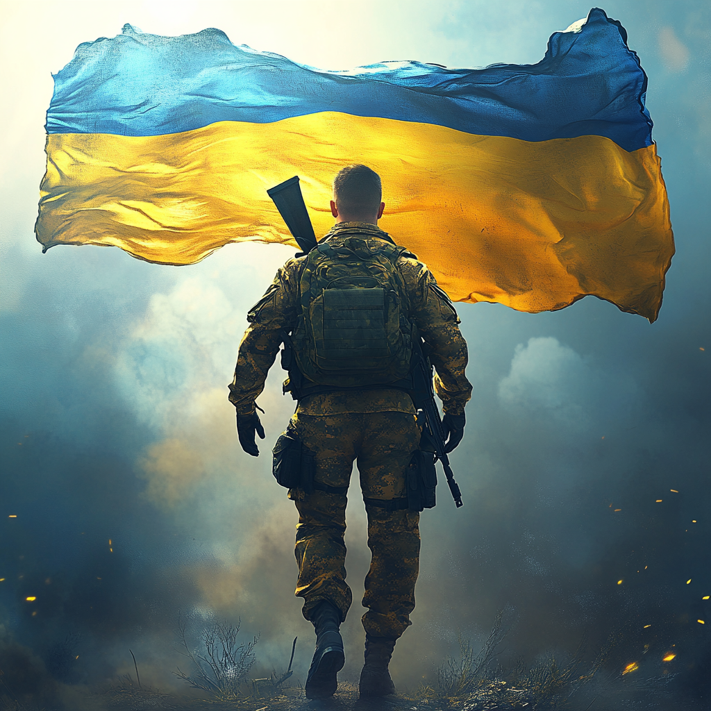 Ukrainian soldier holding flag, standing in sunlight.