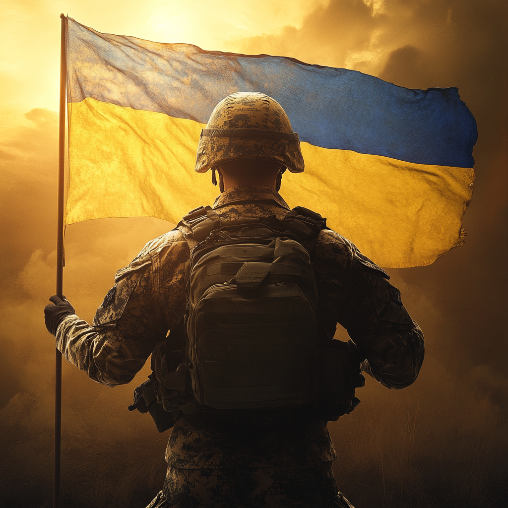 Ukrainian soldier with flag symbolizes patriotism and hope.