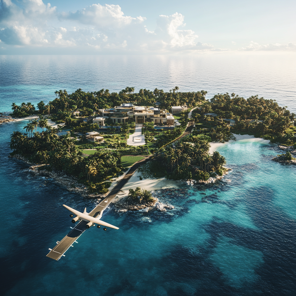 Ultimate luxury private island airport with lush landscapes.