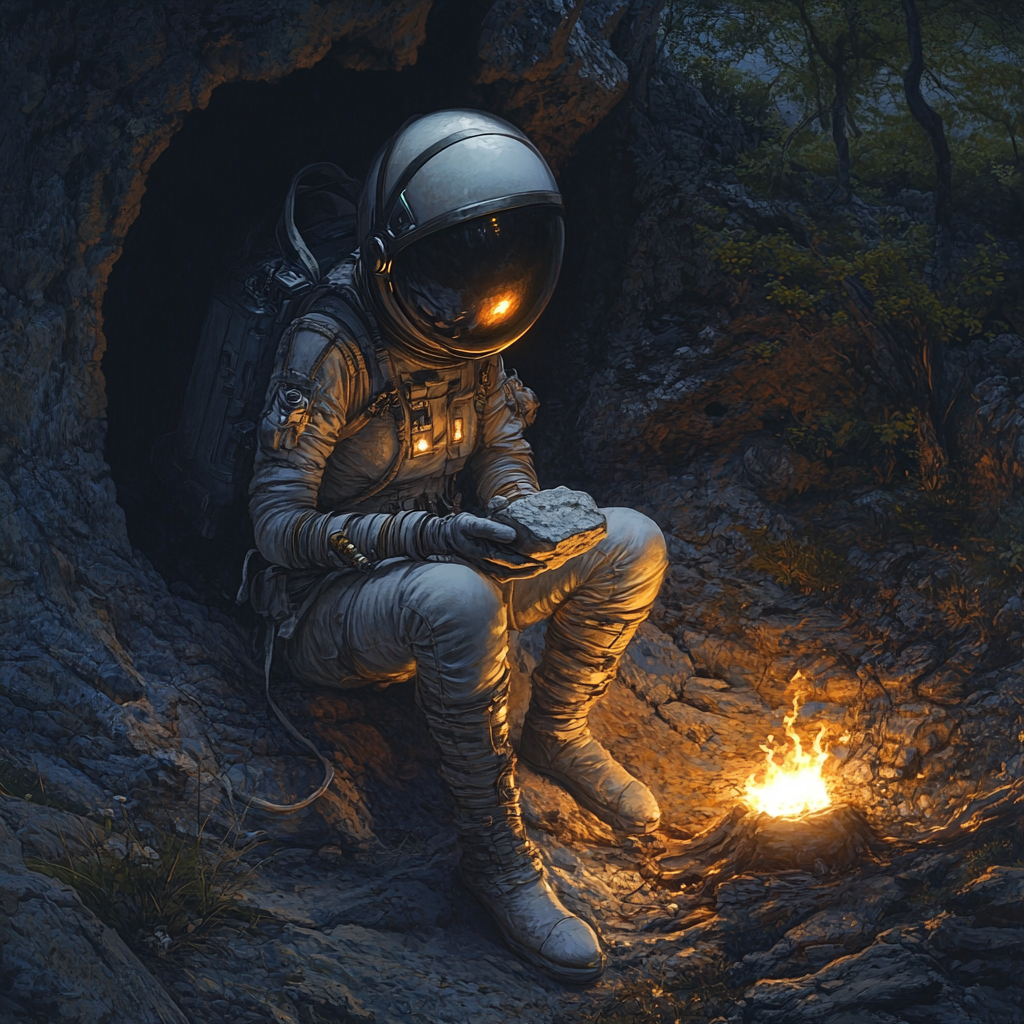 Ultra HD Realistic Image: Female Astronaut Carving Stone Industry