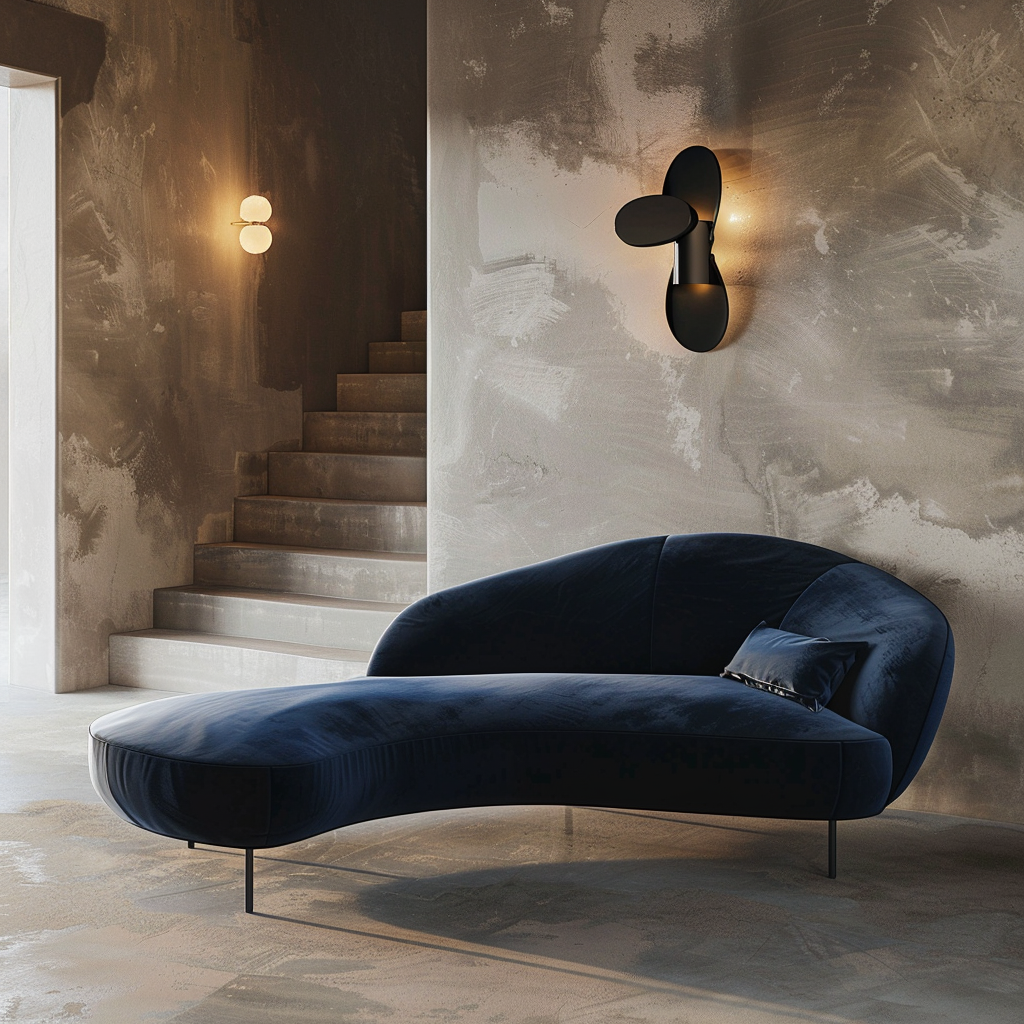 Ultra-Realistic Curved Cloud Sofa in Navy Blue Environment.