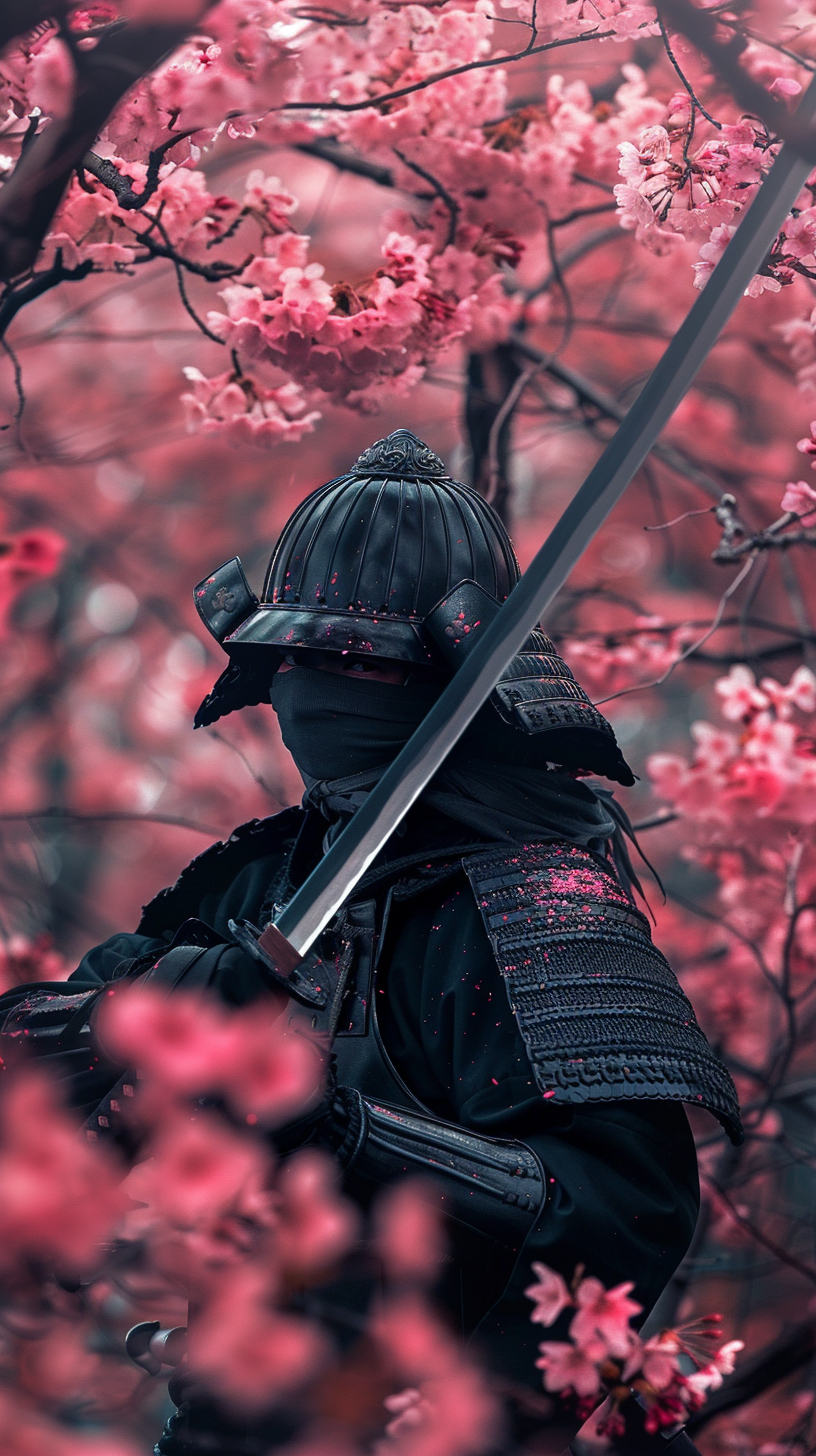 Ultra Realistic Japanese Ninja Samurai Wallpaper Under Sakura Tree