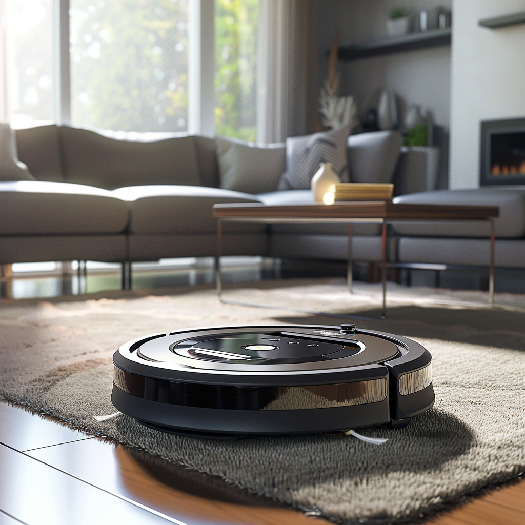 Ultra-Realistic Robot Vacuum Cleaning Modern Living Room