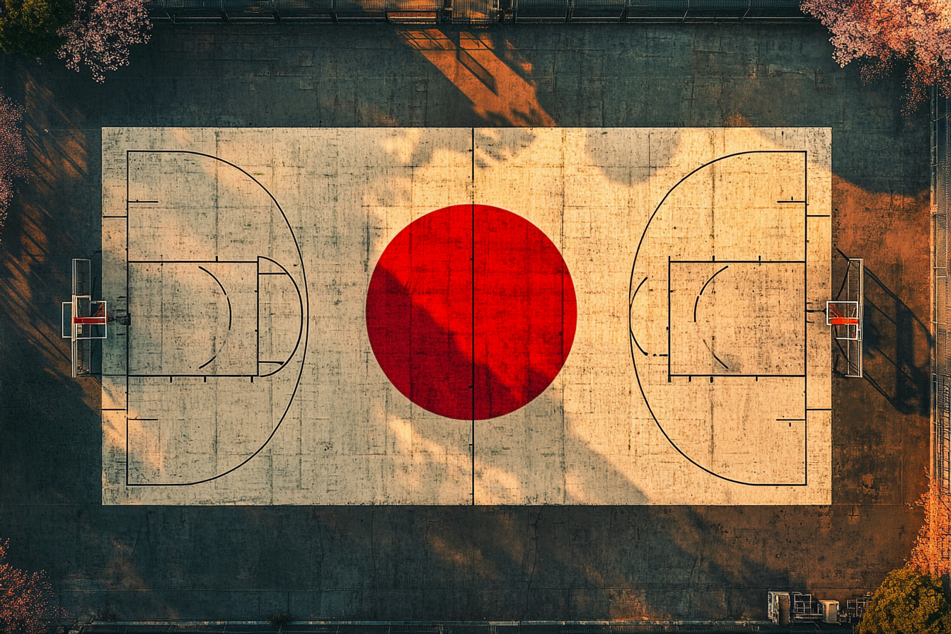 Ultra-detailed aerial view of Japanese flag-inspired basketball court.