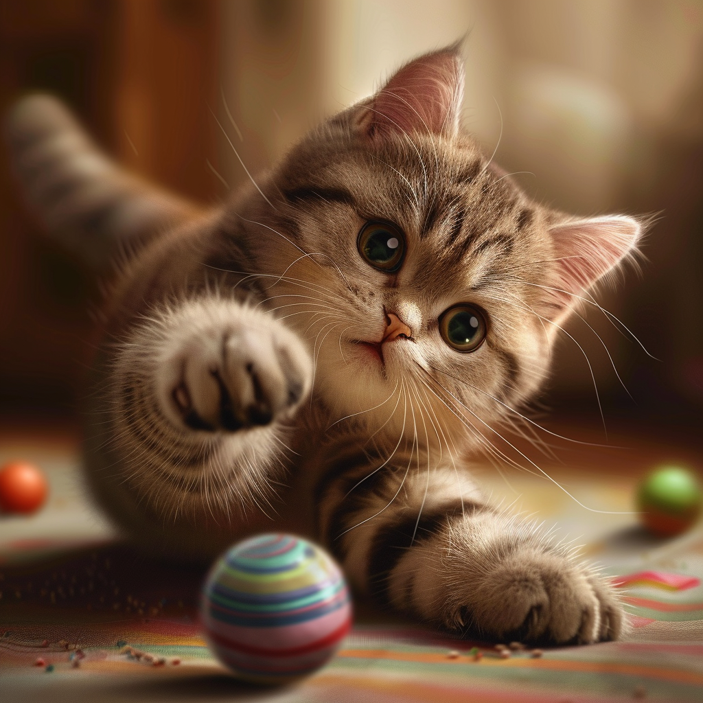 Ultra-realistic Cat Playing with Ball in Cozy Home