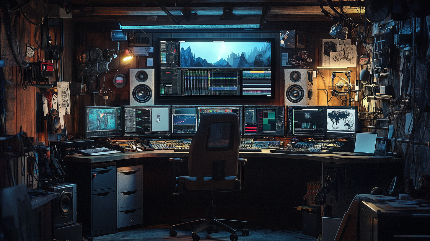 Ultra realistic basement video editing room with modern technology.