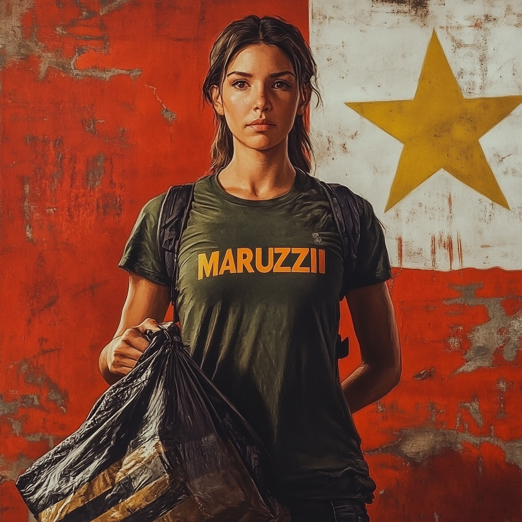 Ultra-realistic full-length woman delivery person holding bag with 'Marluzzi' shirt, Chilean flag background.