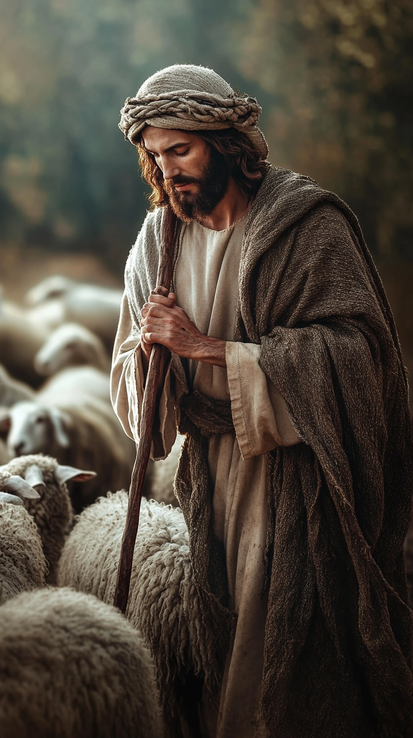 Ultra realistic image of Jesus as a Jew from first century consoling sheep with staff.