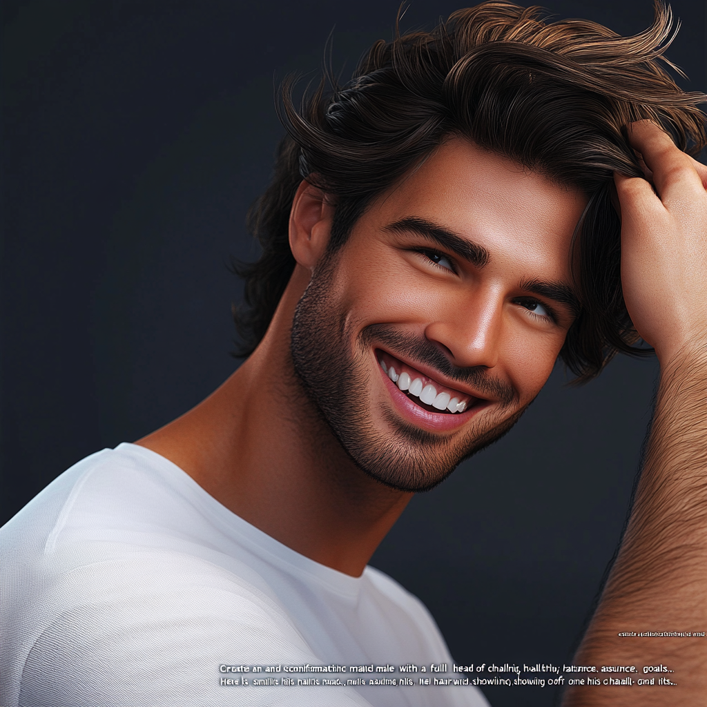 Ultra-realistic image of confident male with thick, healthy hair.