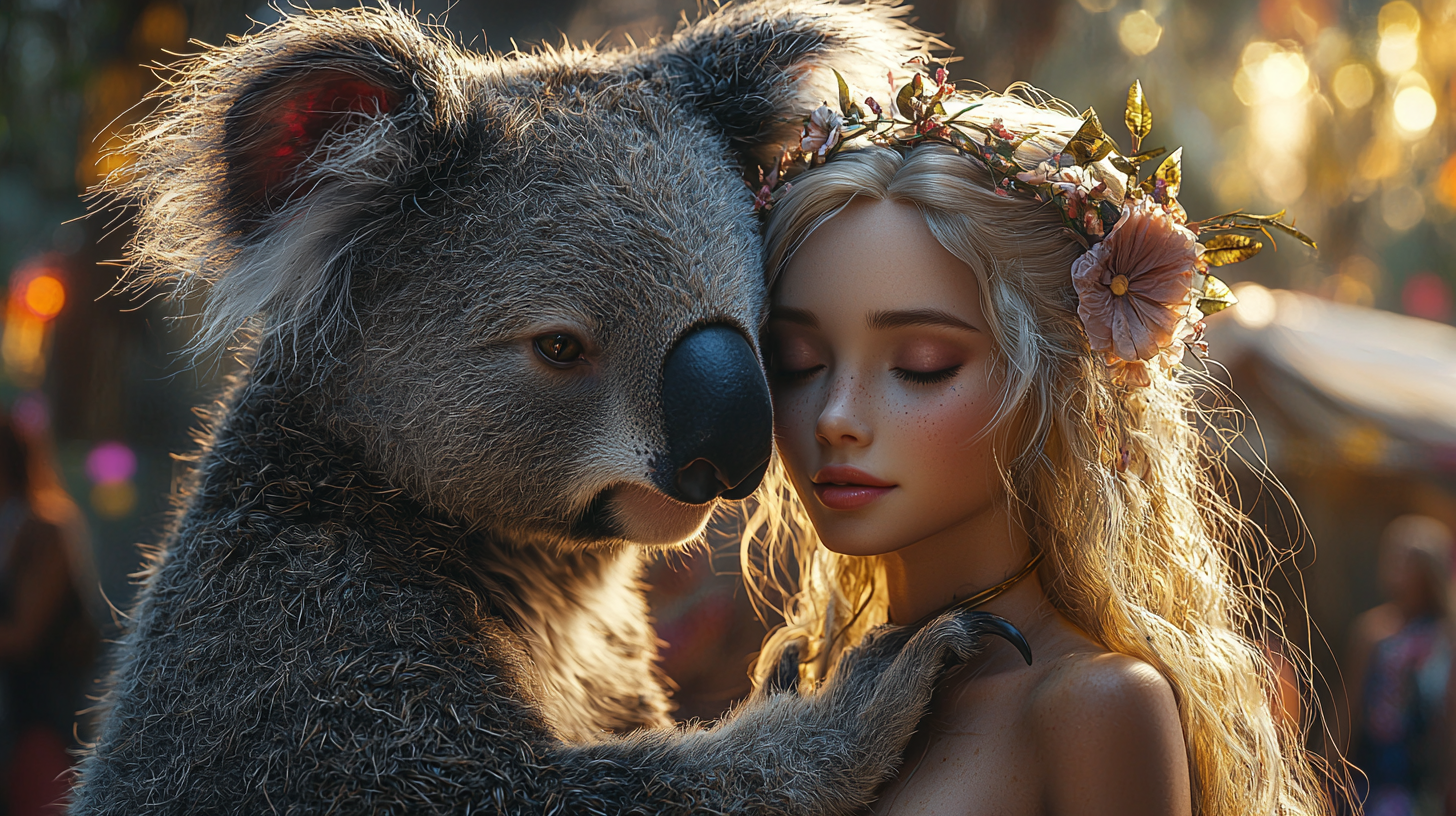 Ultra-realistic koala kissing Barbie-like fairy in vibrant festival.