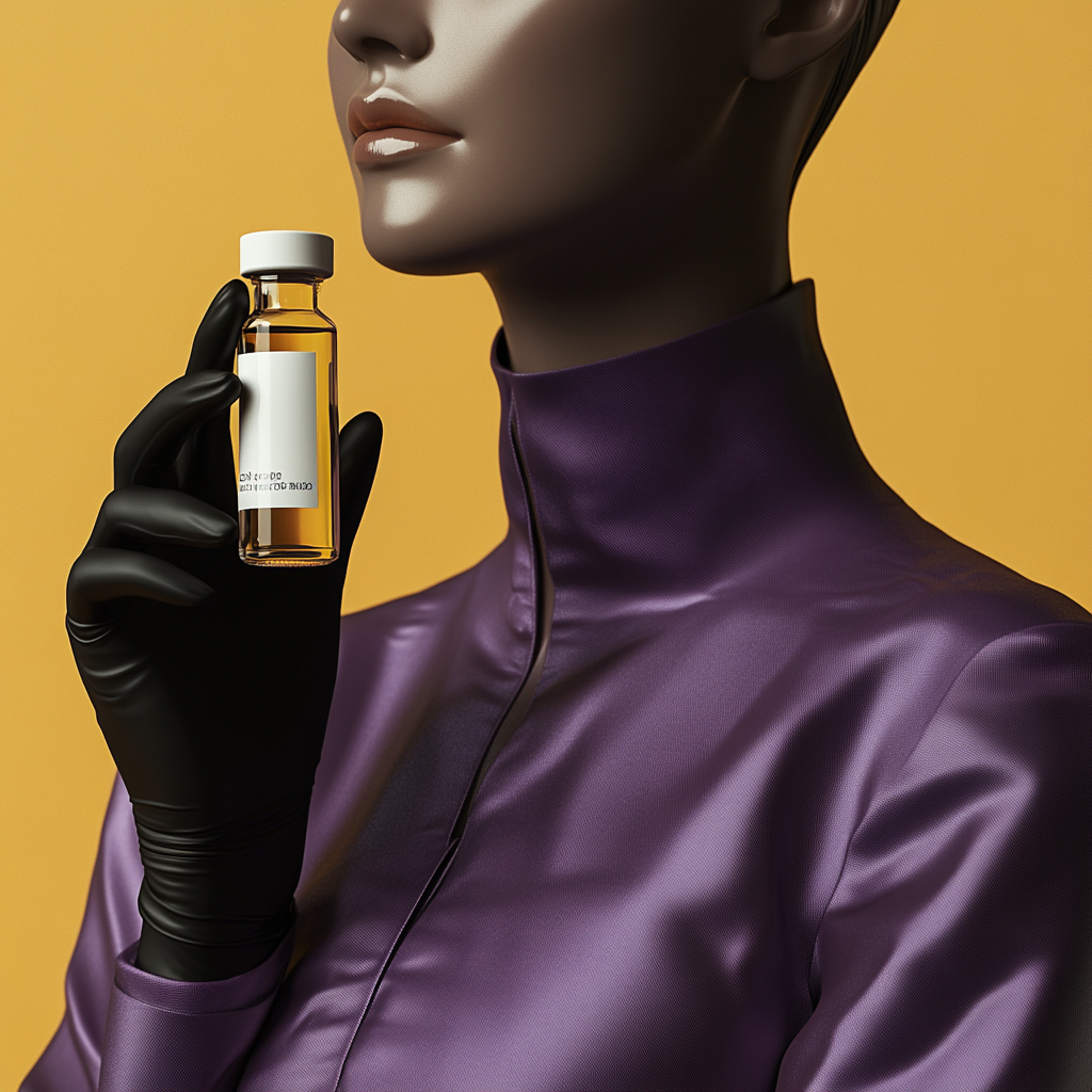 Ultra-realistic nurse holding transparent vial, black gloves, gold background.