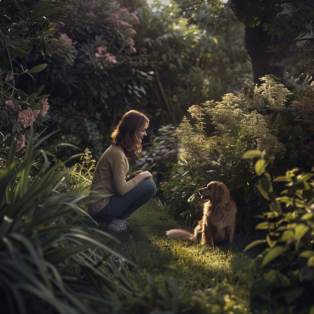 Ultra-realistic person crouching with dog in lush garden 