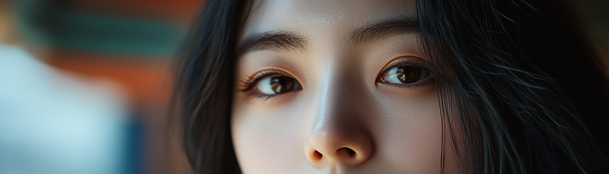 Ultra-realistic photo taken with Sony camera, close-up Korean woman's face, soft lighting, blurred background.