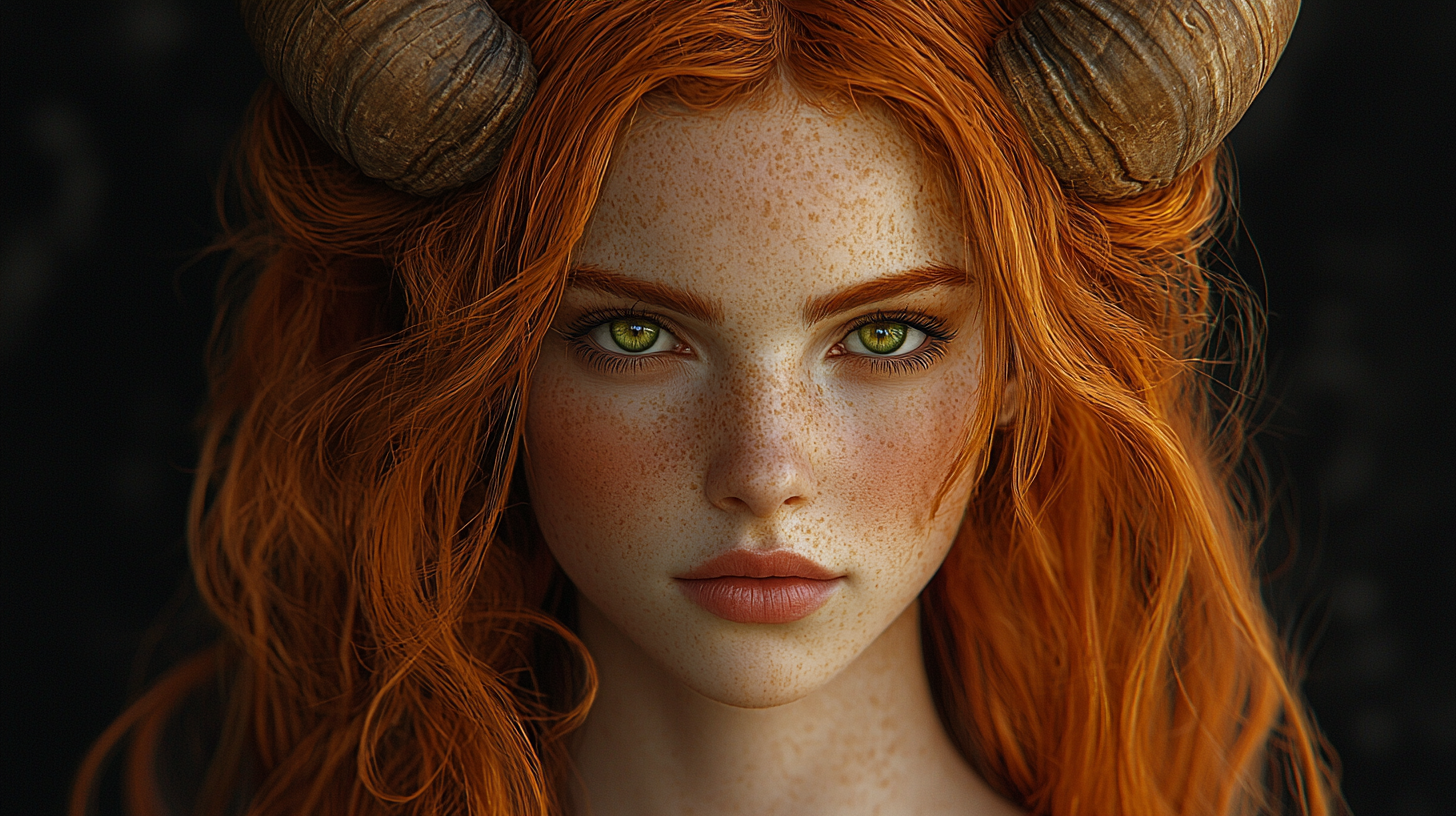 Ultra-realistic portrait of female with ginger hair and goat features.