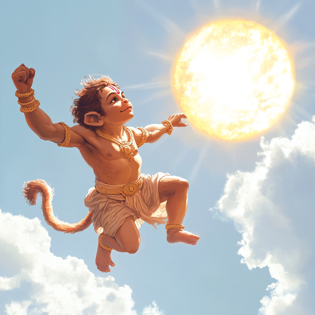 Ultra-realistic side-angle image: Young Hanumanji flying superheroically towards sun.