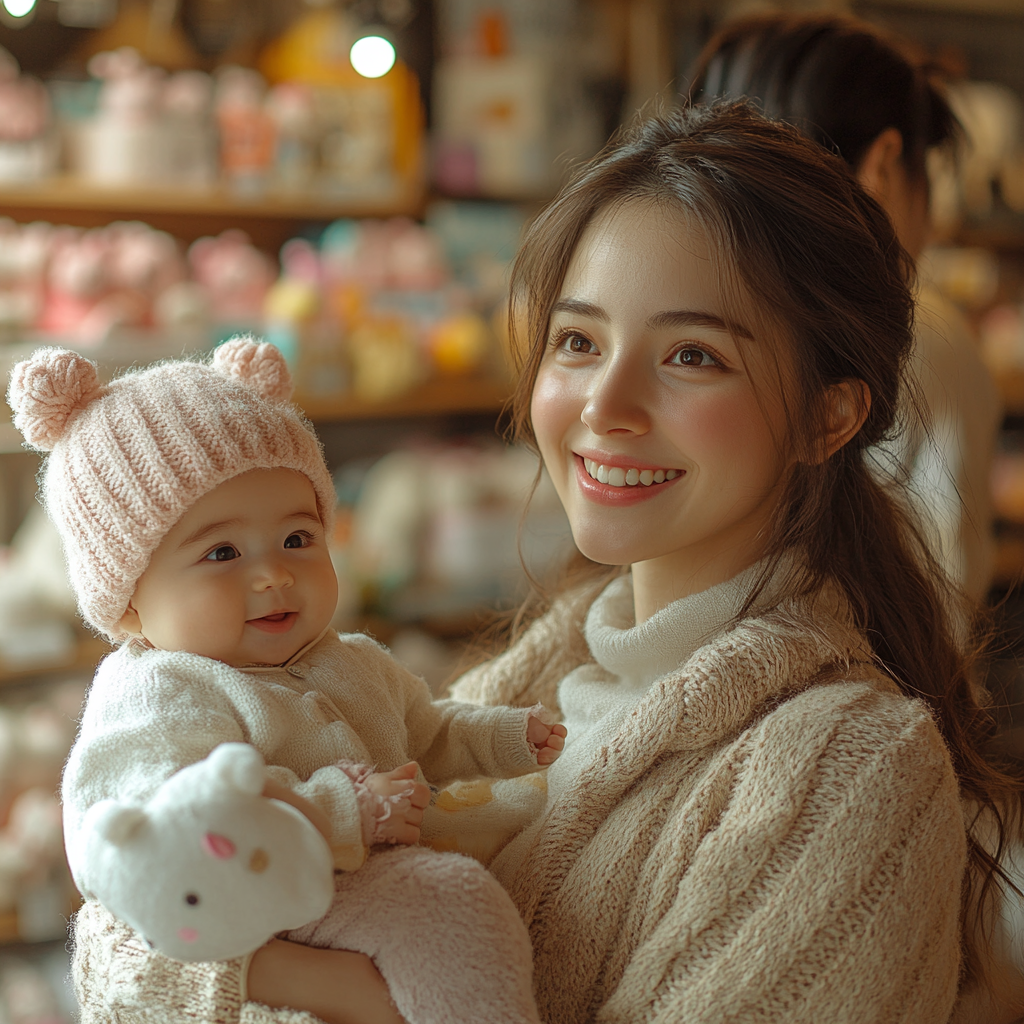 Ultrarealistic photo of caring brand representative helping mother.