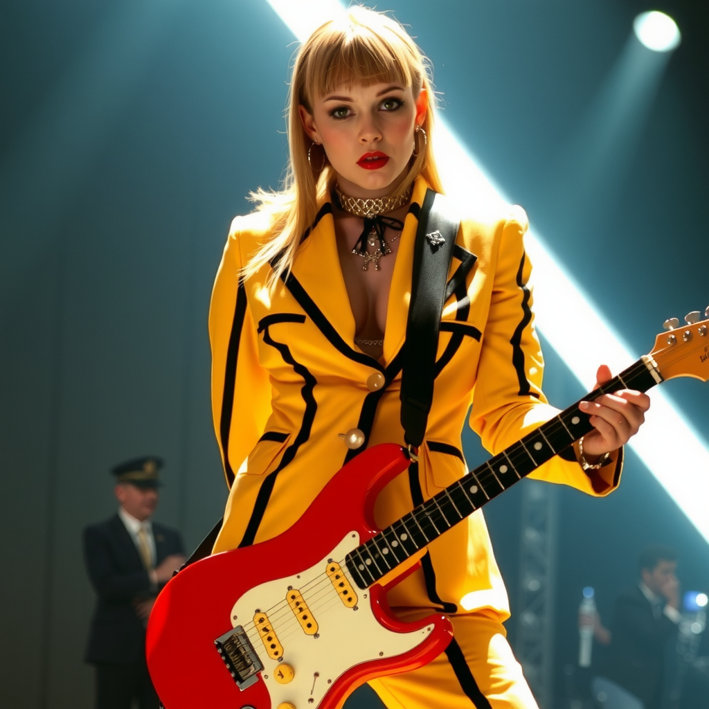 Uma Thurman in yellow suit with sword and guitar