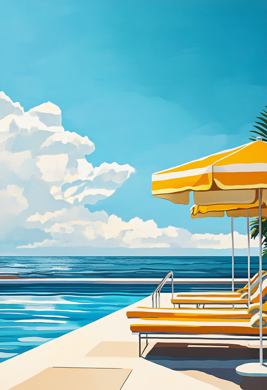 Umbrellas, sun loungers by poolside with ocean view.