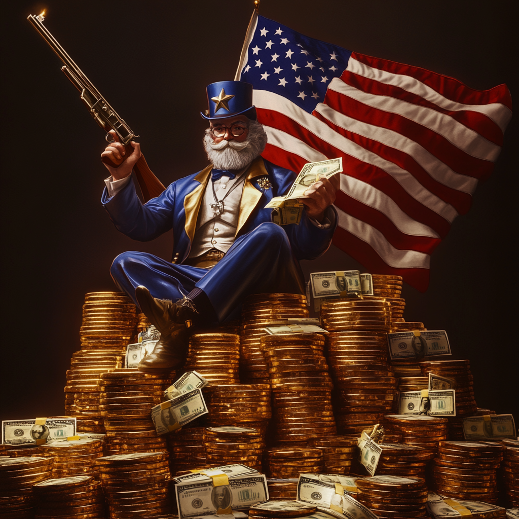 Uncle Sam defending wealth, flag in background