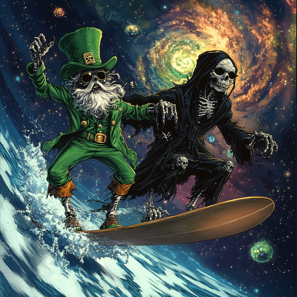 Undead Leprechaun and Grim Reaper Surf Cosmic Nebula