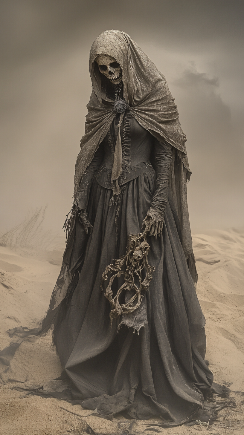 Undead desert witch in grey sand dunes, horror fantasy.