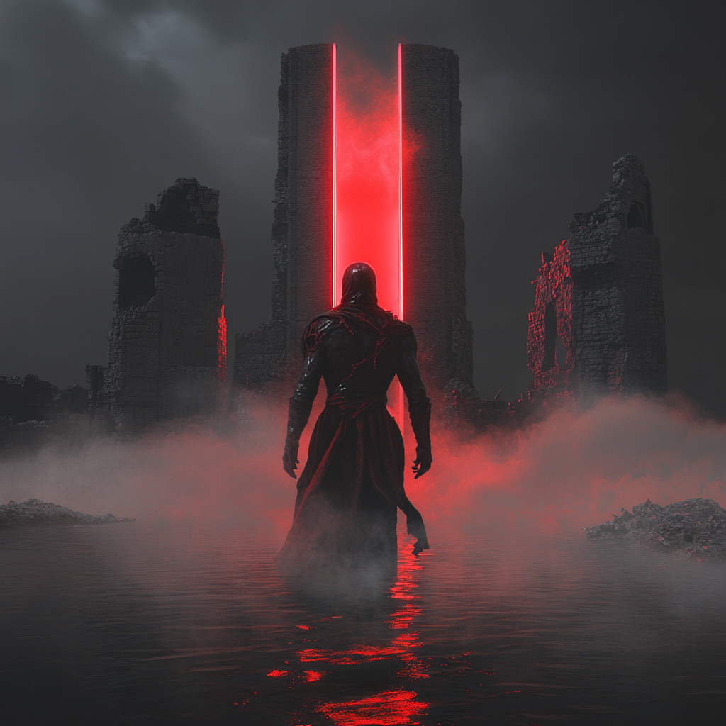 Undead knight in horror fantasy, misty lake, red portal.