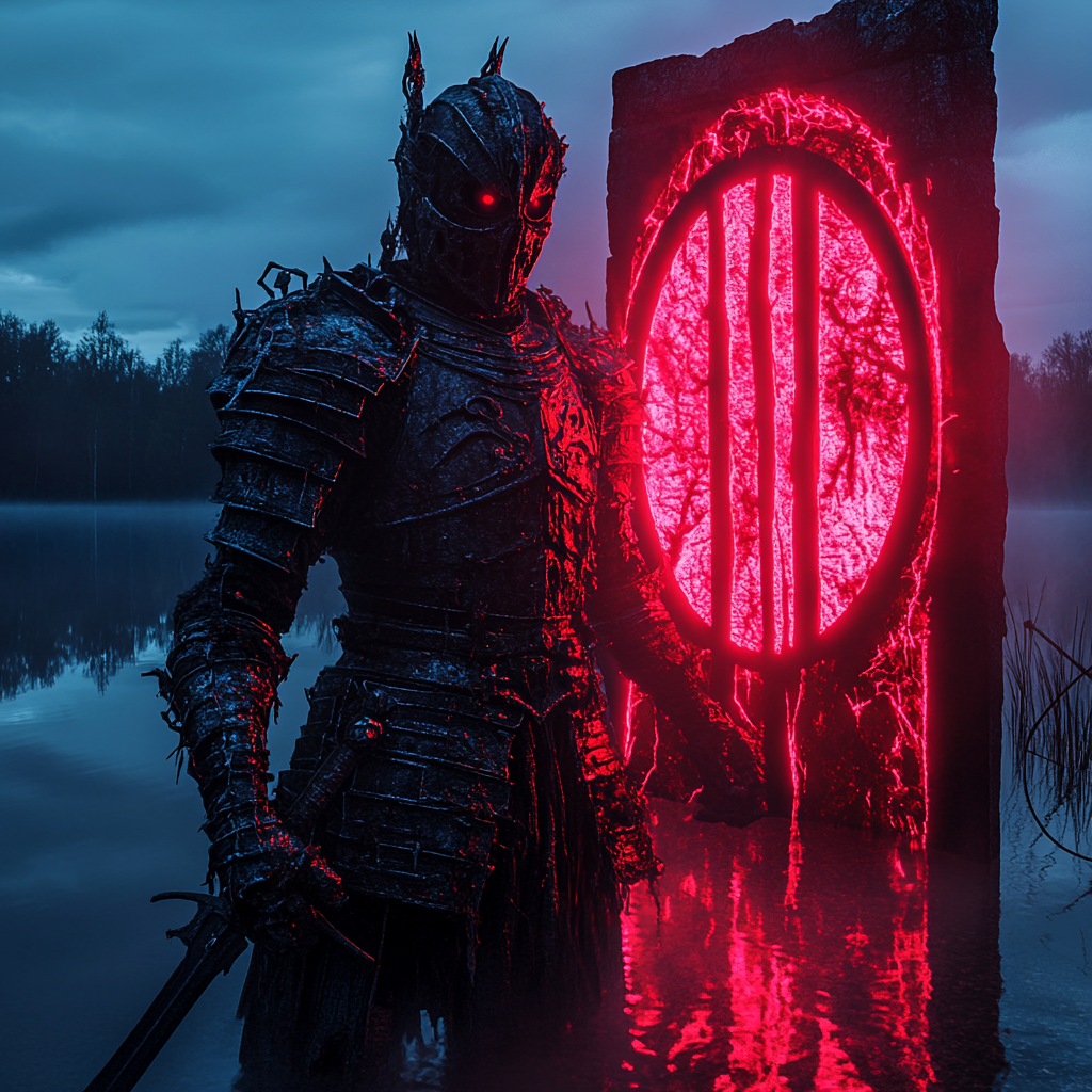 Undead knight in torn armor by misty lake portal.