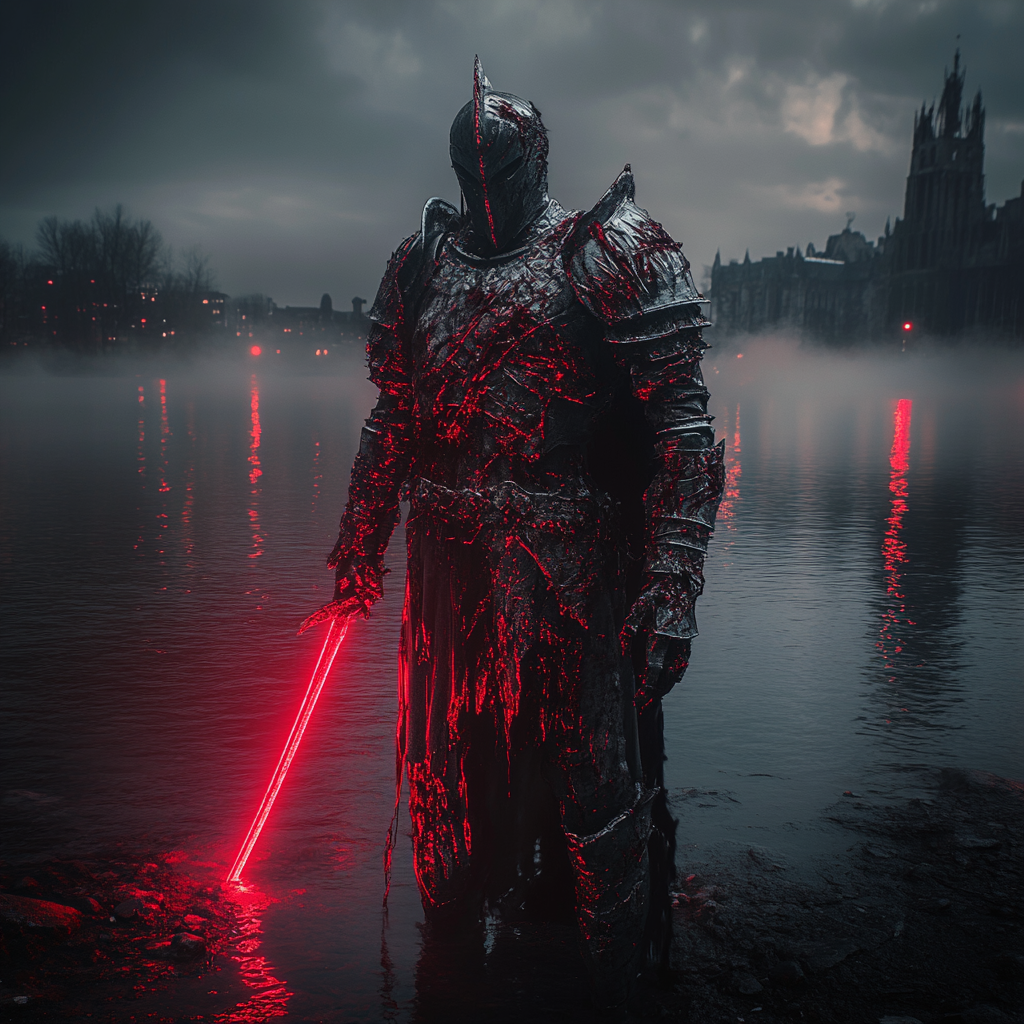 Undead knight in torn armor by misty lake.