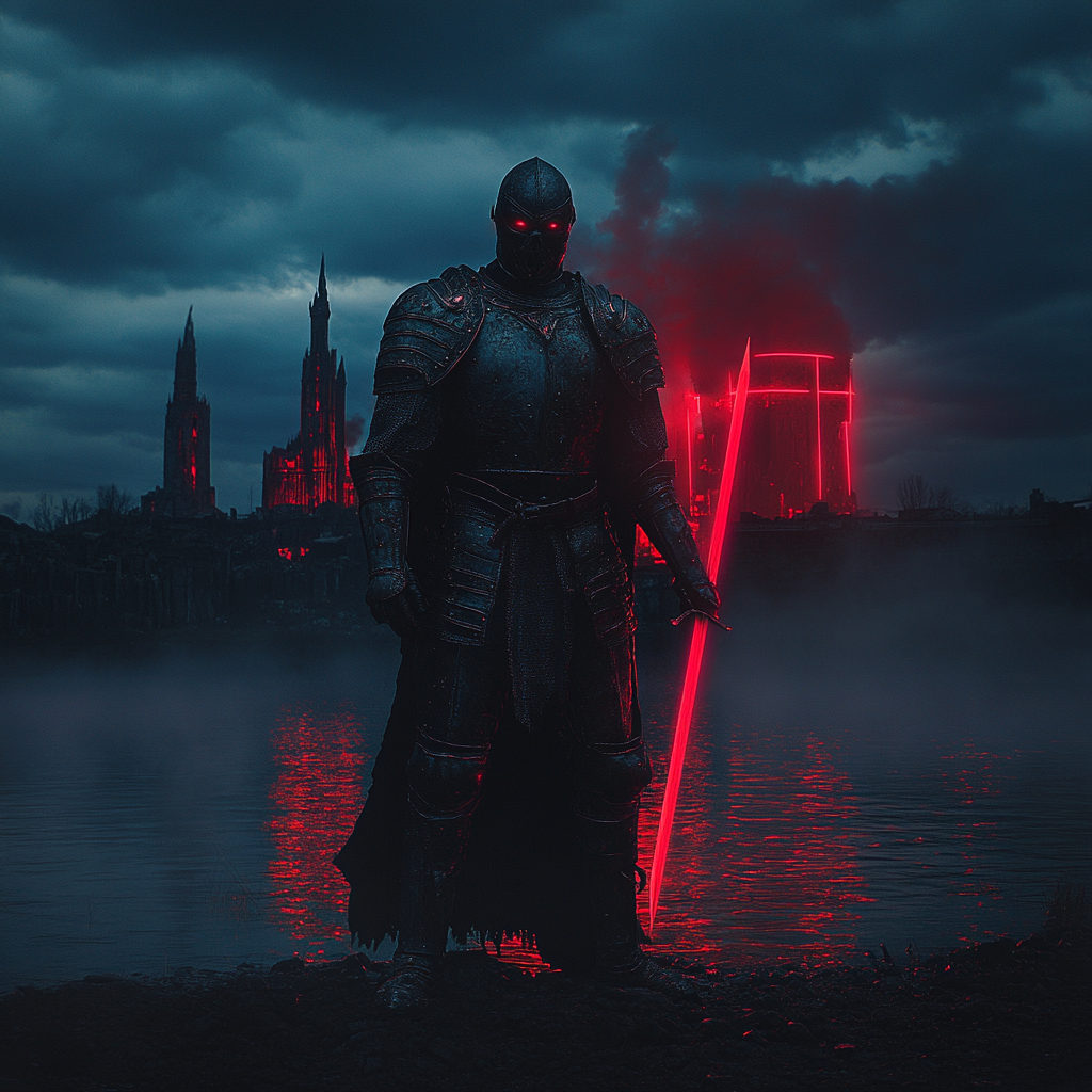 Undead knight standing near glowing red portal by lake.