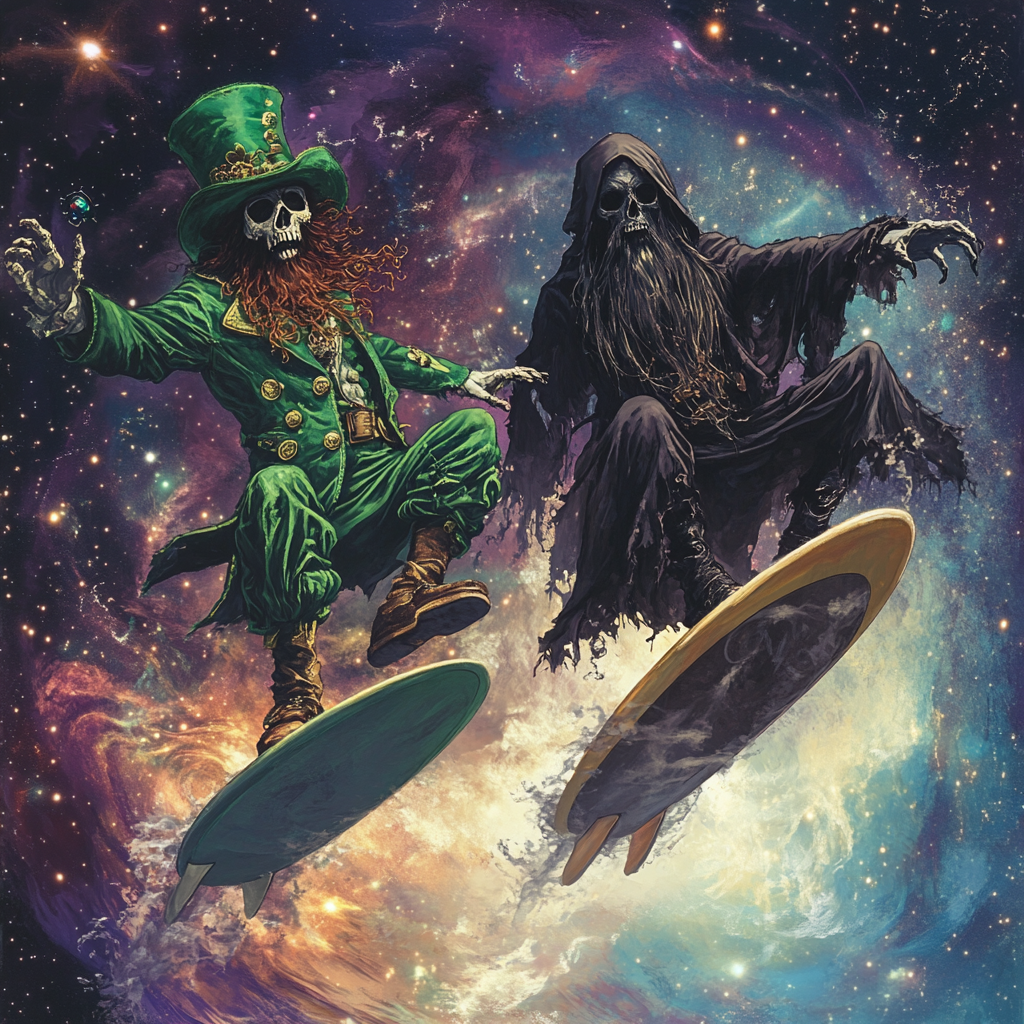 Undead leprechaun and grim reaper surf cosmos, nebula.