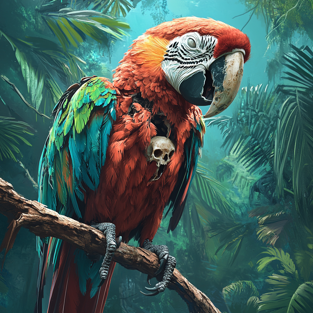 Undead macaw with visible skull perched on branch.