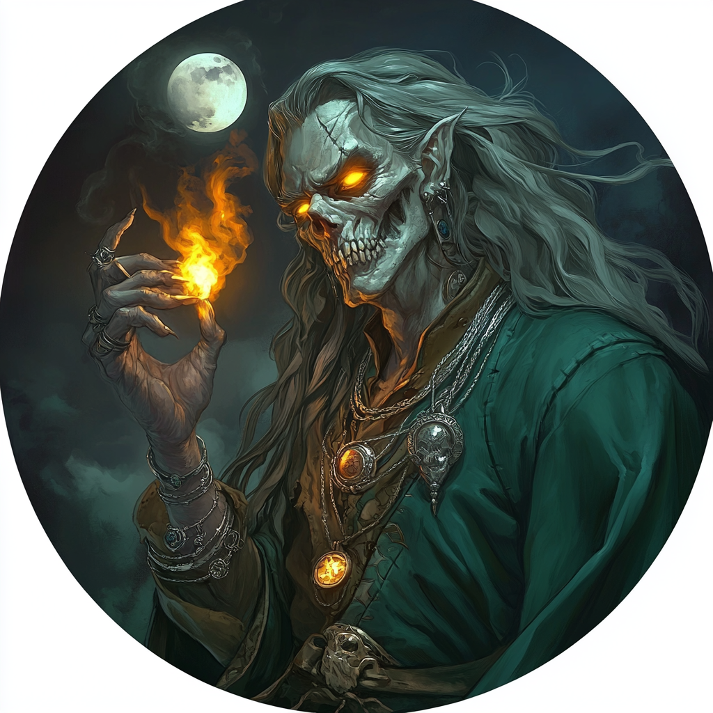 Undead necromancer with glowing eyes lights cigarette at night.