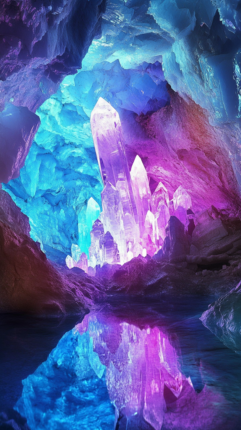 Underground cavern with radiant crystals emitting soft colored glow.