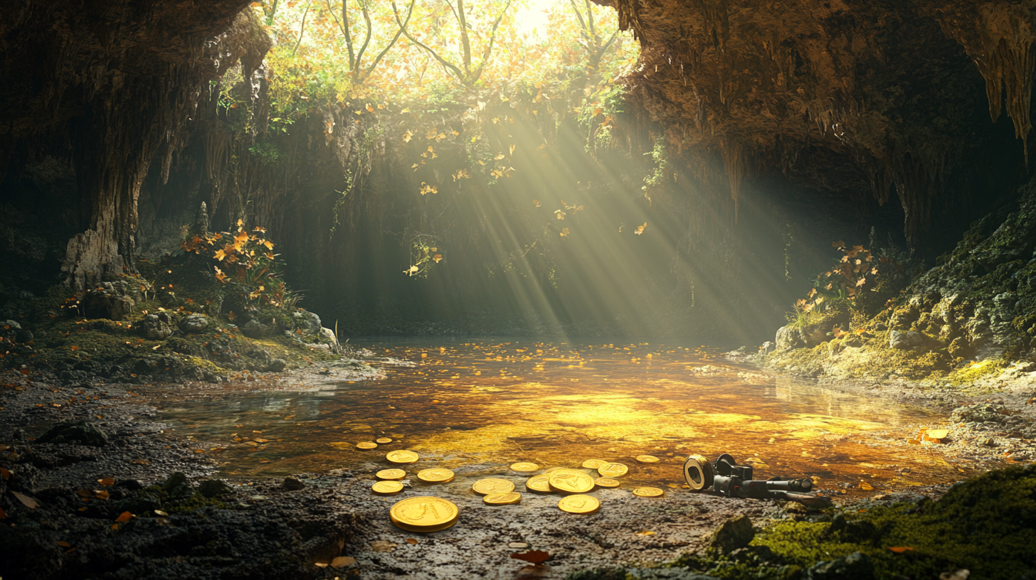 Underground lake with gold coins and trees, mossy environment.