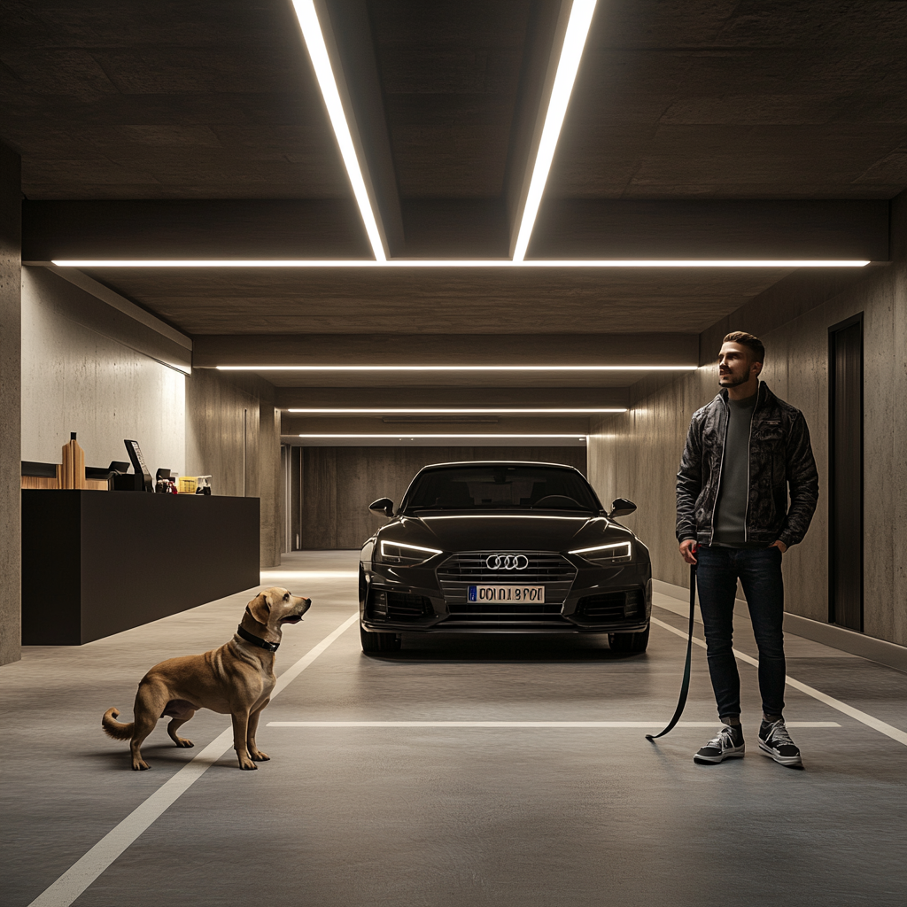 Underground parking with clean, modern design, happy man, dog.