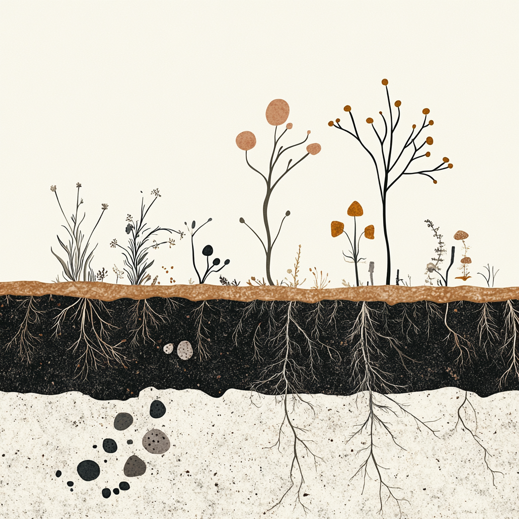 Underground soil profile with roots, microbes, and mycelium