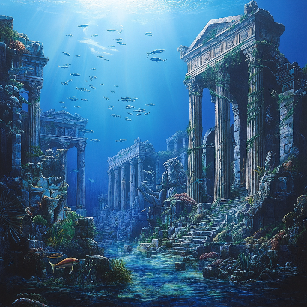 Underwater Atlantis cityscape with Greek ruins, coral-covered statues