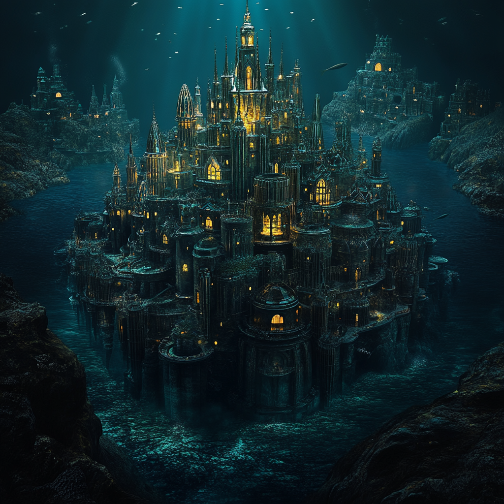 Underwater glass city with coral castle, lit by volcanoes.