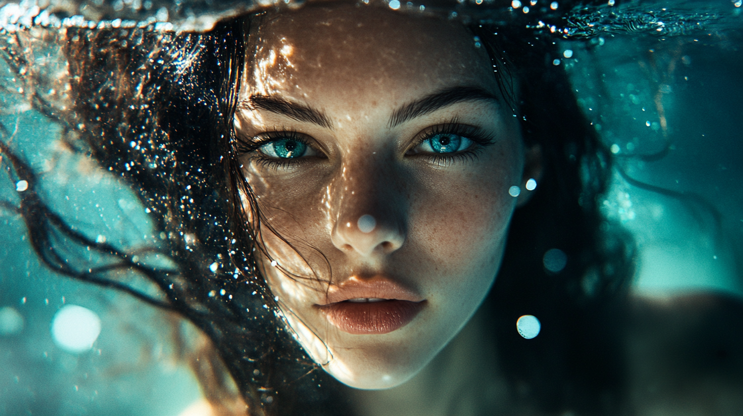 Underwater photo of stunning woman with glowing skin.