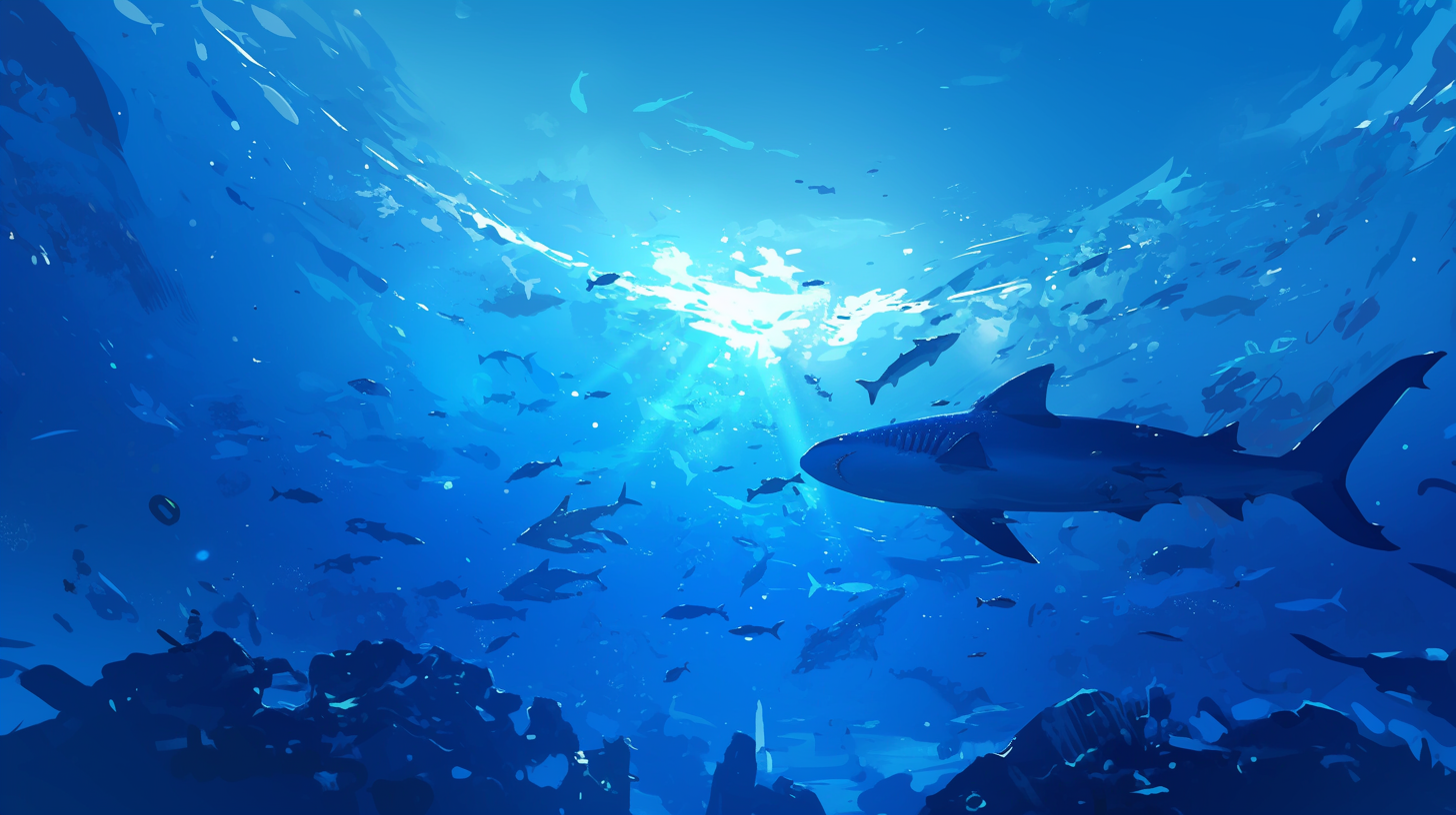 Underwater scene with fish and sharks, blue shades